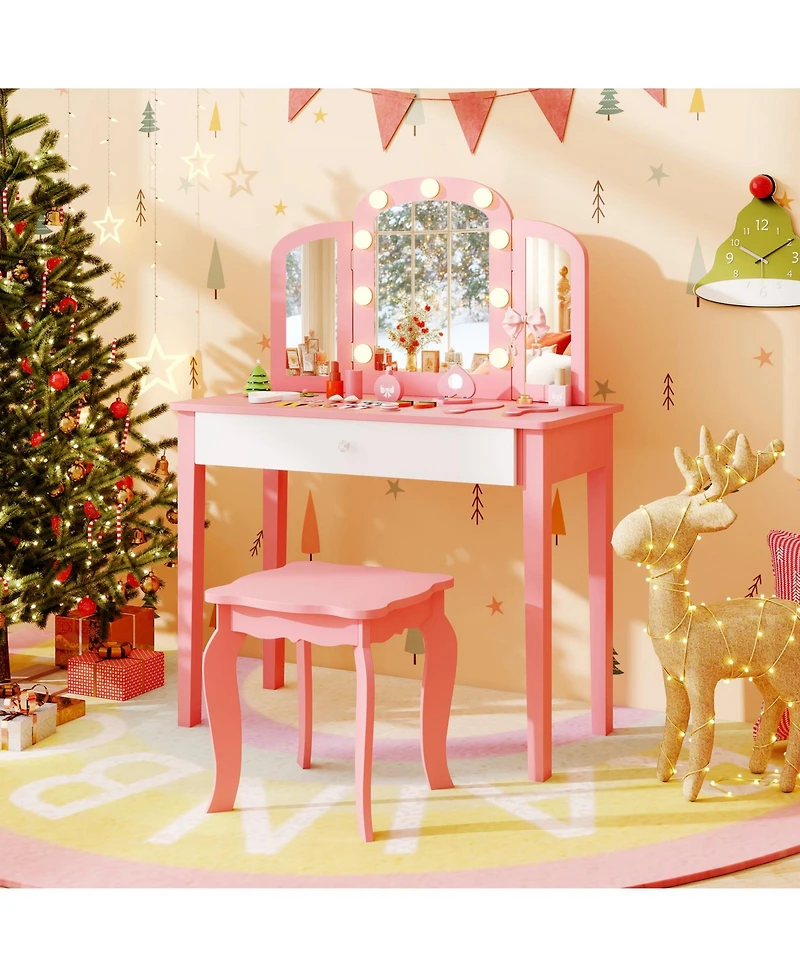 Slickblue 2 1 Kids Vanity Table Set with Tri Folding Detachable Mirror and Lights