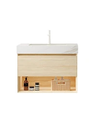 Sillysis 30 Inch Wall Mounted Bathroom Vanity with Led Shelf, Sintered Stone Top, Ceramic Sink, Soft Close Drawer for Modern Bathrooms