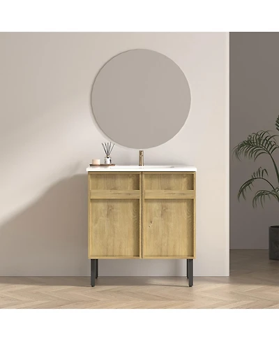 Sillysis 30 Inch Freestanding Bathroom Vanity with Ceramic Sink, 3D Texture Panels, Modern Mdf Cabinet for Small Spaces