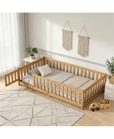 Sailvan Twin Floor Bed with Fence and Door, Solid Rubber Wood Kids Platform Frame