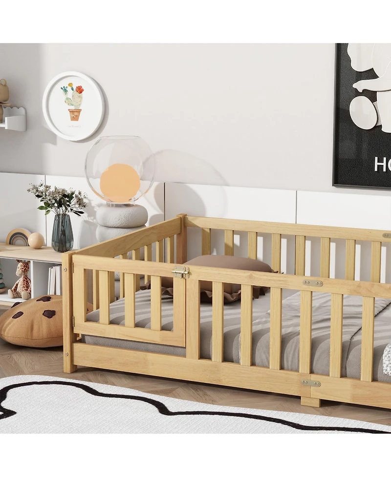 Sailvan Twin Floor Bed with Fence and Door, Solid Rubber Wood Kids Platform Bed Frame