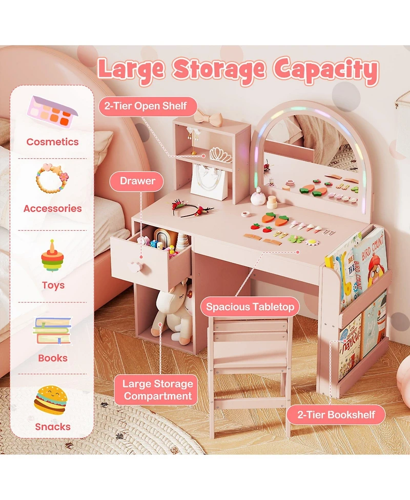 Slickblue Kids Makeup Vanity Table Set with Lighted Mirror and Chair for Ages 3+