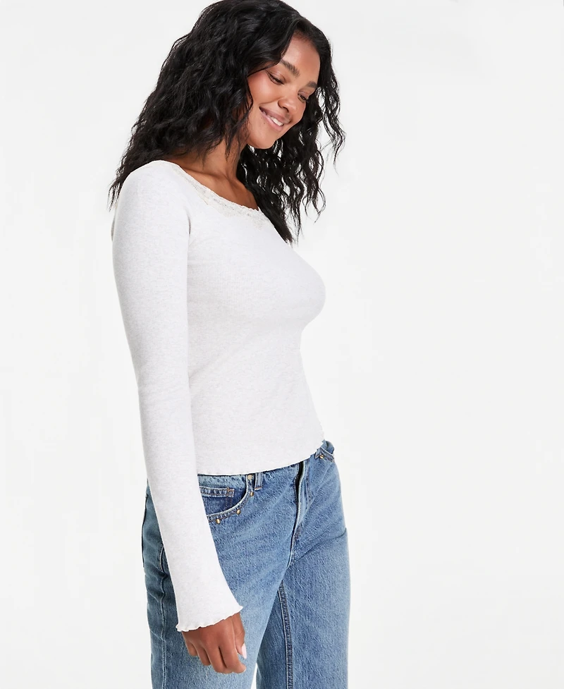 And Now This Petite Lace Trim Scoop Knit Ribbed-Knit T-Shirt, Macy's Exclusive