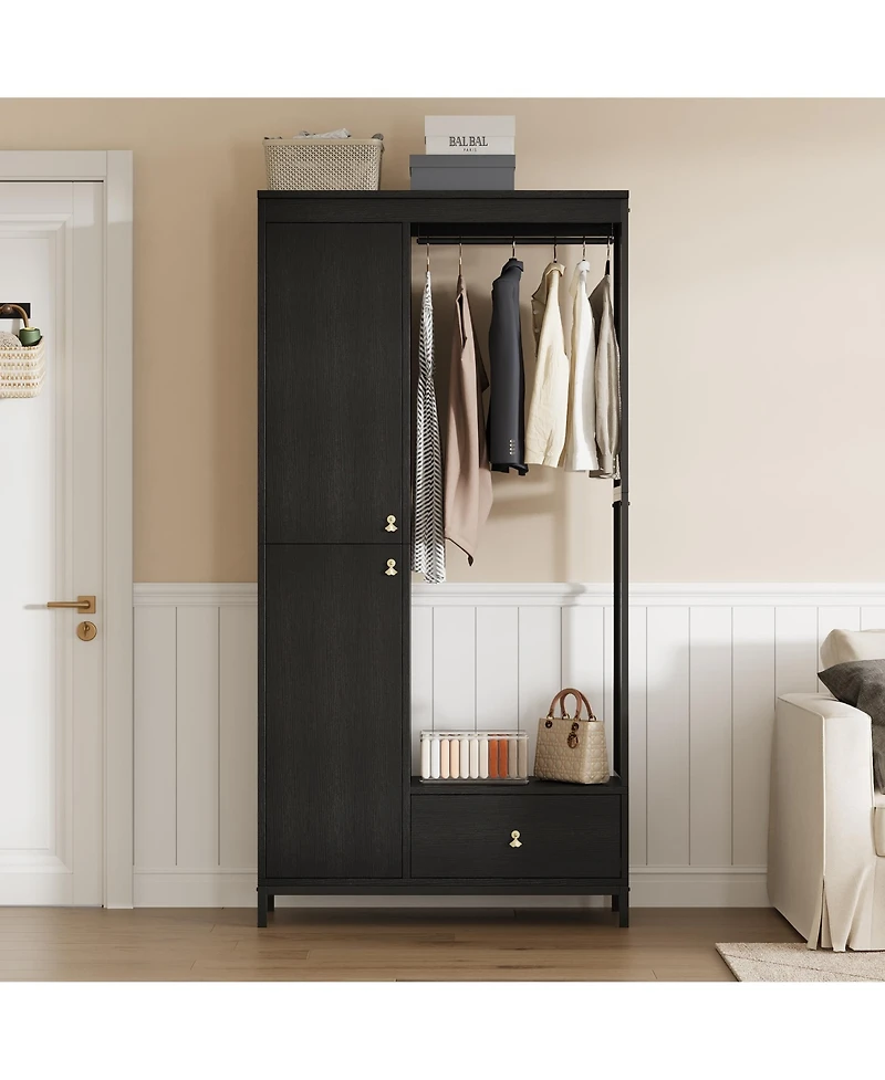 homfan Spacious Storage Armoire Wardrobe, 78.9'' Modern Wood Frame, Drawers, Shelves, Hanging Rod, Freestanding Cabinet, for Clothes, Entryway