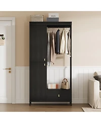 homfan Spacious Storage Armoire Wardrobe, 78.9'' Modern Wood Frame, Drawers, Shelves, Hanging Rod, Freestanding Cabinet, for Clothes, Entryway