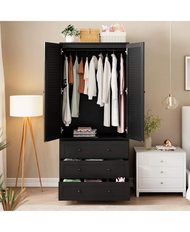 homfan 70" Wardrobe Armoire with 2 Doors and 3 Drawers Hanging Rod Shelf, Large Capacity Armoire, Freestanding Wooden Cabinet