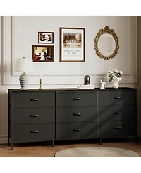 homfan 9 Drawer Dresser, 63 Inch Fabric Tv Stand Storage Chest with Wooden Top for 70 Bedroom Living Room