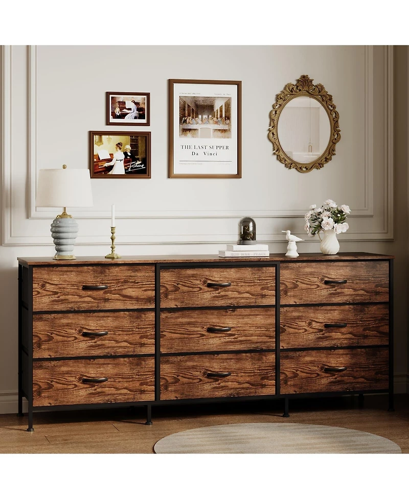 homfan 9 Drawer Dresser, 63 Inch Fabric Tv Stand Storage Chest with Wooden Top for 70 Bedroom Living Room