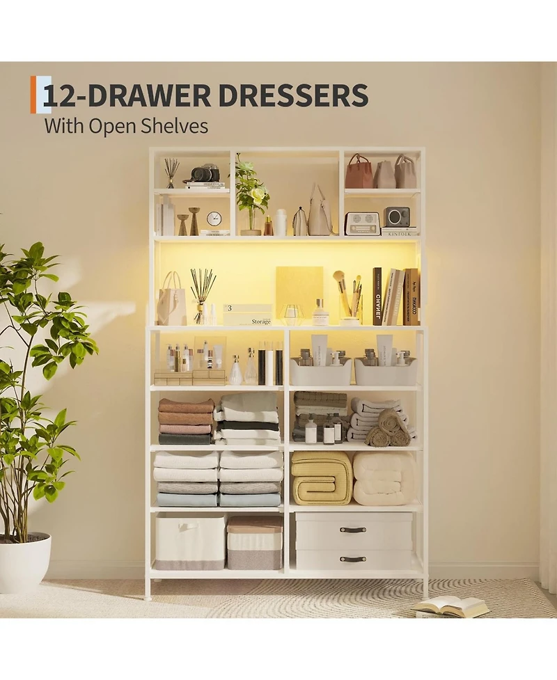 homfan 12 Drawer Dresser, 56 Inch Fabric Storage Cabinet with Led Light and Charging Station for Bedroom/ Living Room / Entryway