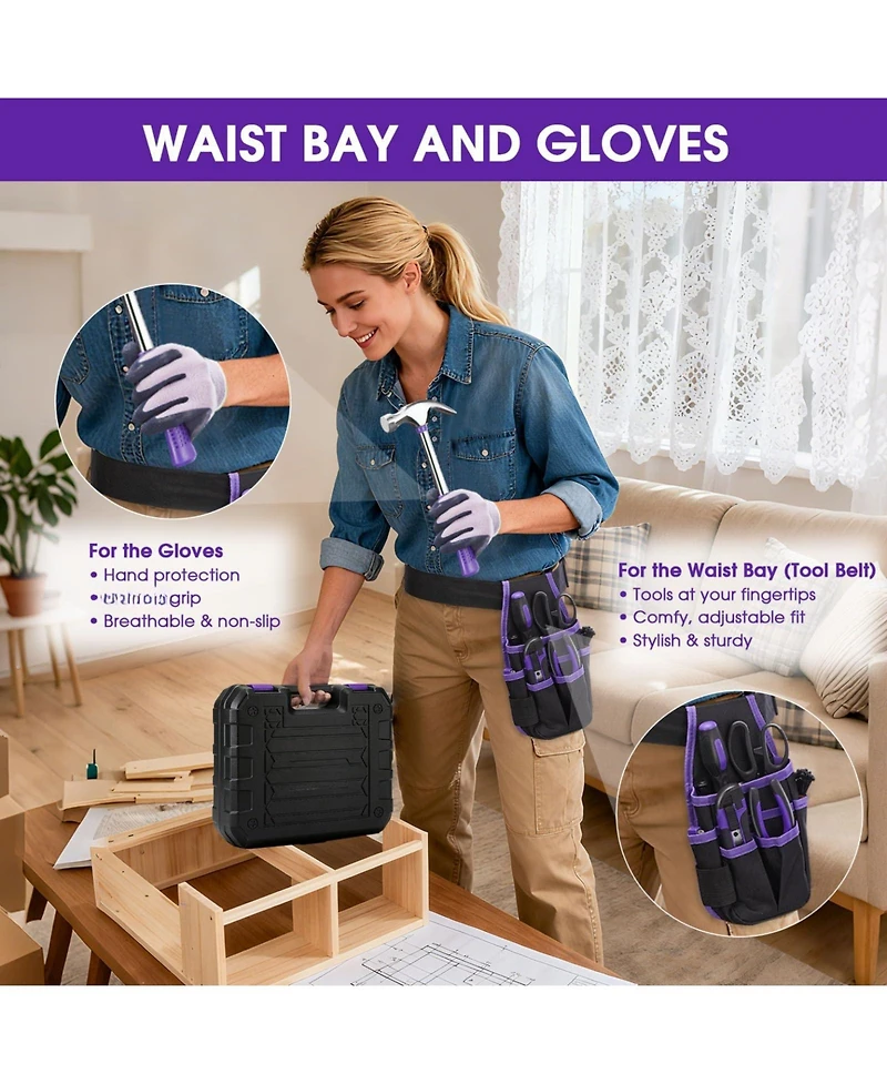 Xdovet Household Tool Set Hand Kit Waist Pouch Gloves Home Repairs Diy Crafts