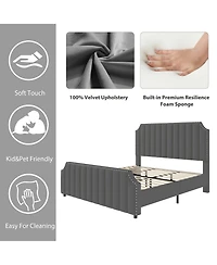 homfan Velvet Bed Frame, 50.2" Tall Headboard and Footboard, Upholstered Platform Bed with Nailhead Trim, No Box Spring Needed