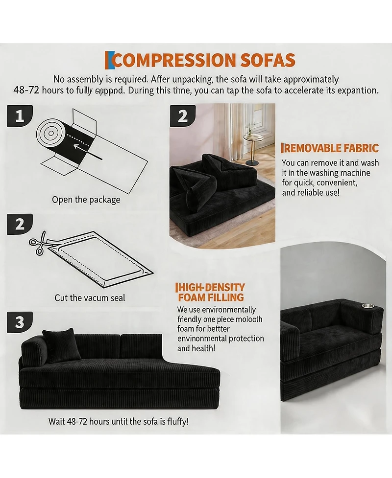 homfan 5-in-1 Convertible Sofa Bed, Corduroy Floor with 4 Pillows, 2 Cup Holders and Deep Seat Cushion for Small Spaces