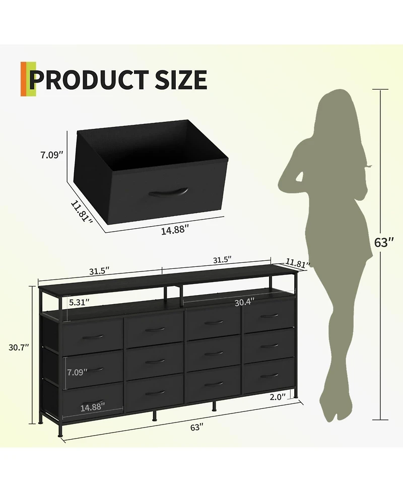 homfan 63-Inch Fabric Long Dresser with 12 Drawers - Tv Stand Fits Up to 70 Inch Modern Storage Cabinet Open Shelf