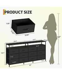 homfan 63-Inch Fabric Long Dresser with 12 Drawers - Tv Stand Fits Up to 70 Inch Modern Storage Cabinet Open Shelf