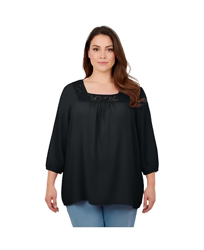 Avenue Women's Plus Lace Neckline Peasant Blouse