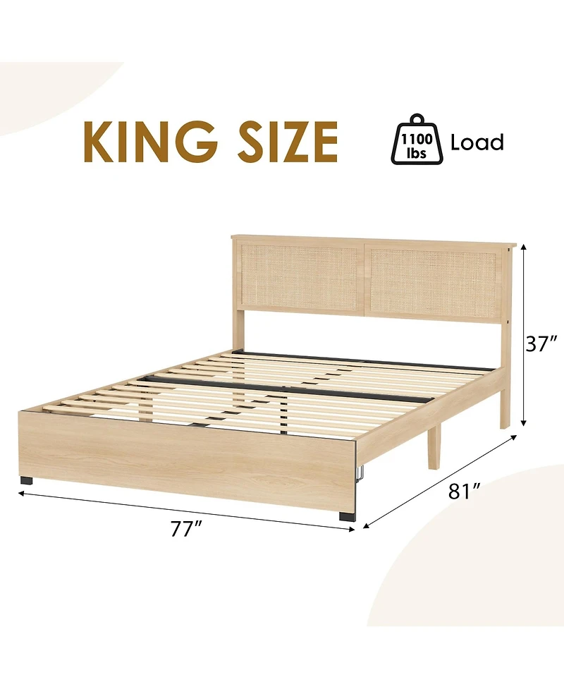 homfan Boho Rattan Headboard Platform Bed With Storage Drawers, Wood Frame, Metal Slat Support, No Box Spring Needed, Easy Assembly