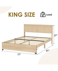 homfan Boho Rattan Headboard Platform Bed With Storage Drawers, Wood Frame, Metal Slat Support, No Box Spring Needed, Easy Assembly