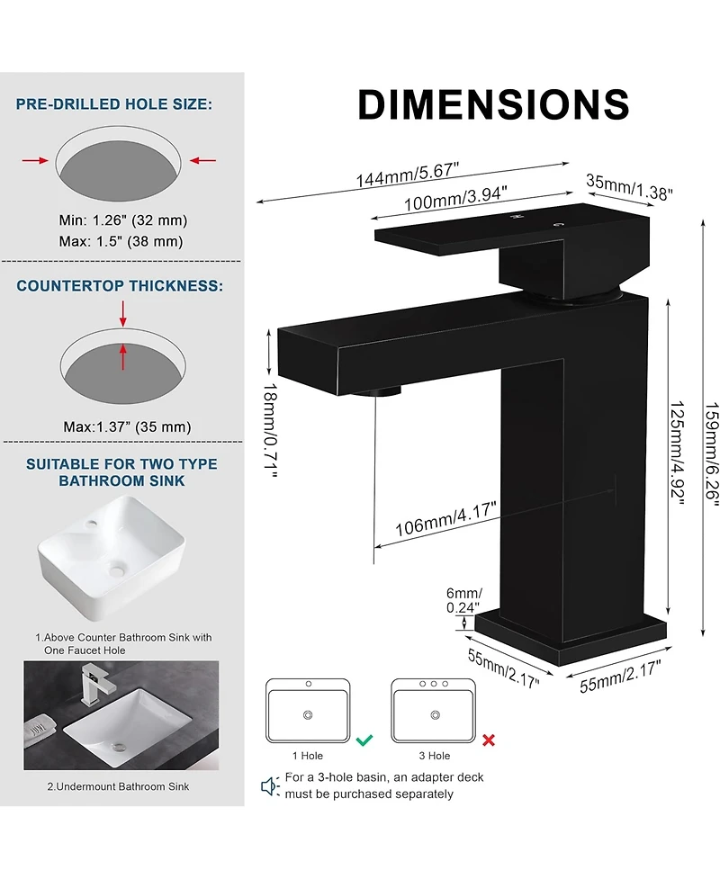 Busdays Single Hole Brass Bathroom Faucet Single Handle Square Vanity Faucet with Pop Up Drain and Water Supply Hoses