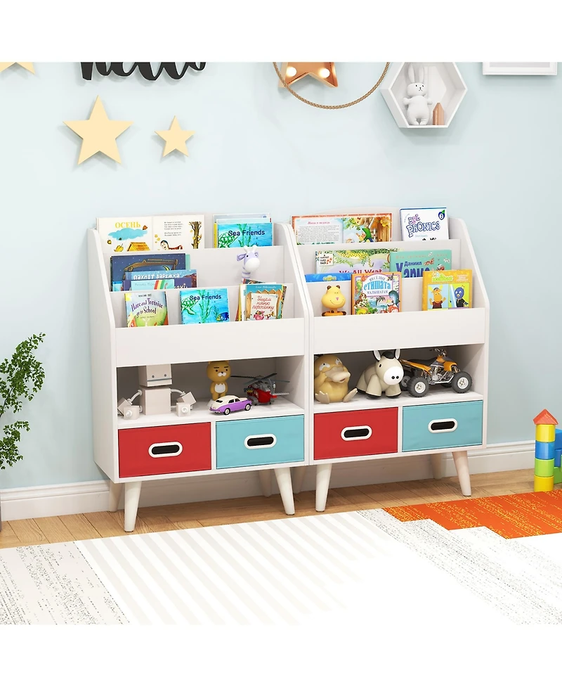 Gymax Kids Bookshelf with 3-Tier Bookshelves Open Compartment and 2 Foldable Fabric Drawers