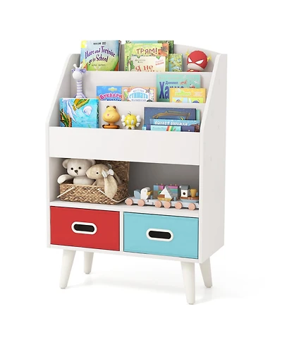 Gymax Kids Bookshelf with 3-Tier Bookshelves Open Compartment and 2 Foldable Fabric Drawers