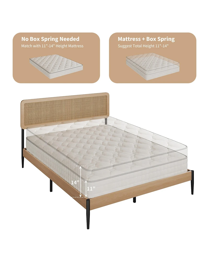homfan Rattan Bed Frame, Wooden Platform with Headboard and Under Storage for Bedroom