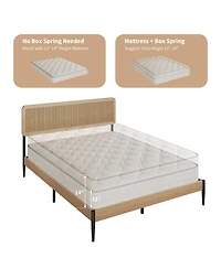homfan Rattan Bed Frame, Wooden Platform with Headboard and Under Storage for Bedroom