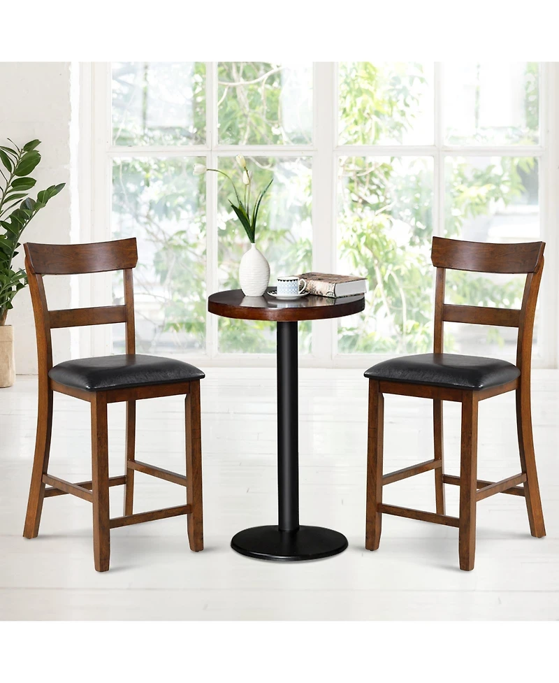 Gymax Set of Barstools Counter Height Chairs with Leather Seat and Rubber Wood Legs