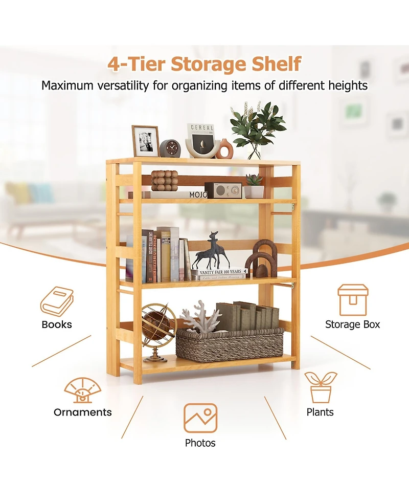 Gymax 2 Pieces 4 Tier Bookshelf Floor Storage Shelf with Rubber Wood Frame Anti-Toppling Kits