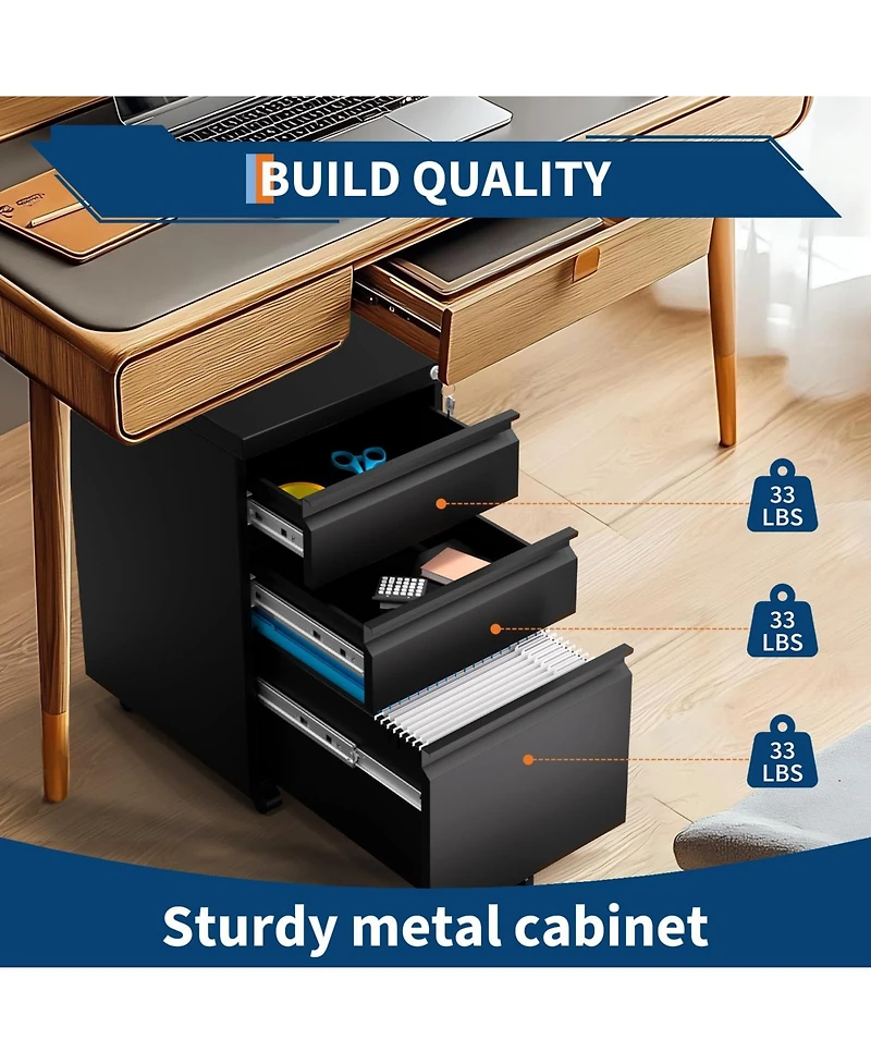 homfan 3-Drawer Metal File Cabinet with Lock, Heavy Duty Filing for Letter/Legal/A4/F4 Documents