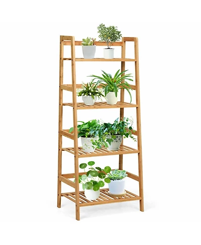 Gymax 4-Tier Bamboo Ladder Shelf Multipurpose Plant Display Stand Storage Bookshelf
