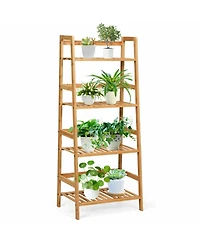 Gymax 4-Tier Bamboo Ladder Shelf Multipurpose Plant Display Stand Storage Bookshelf