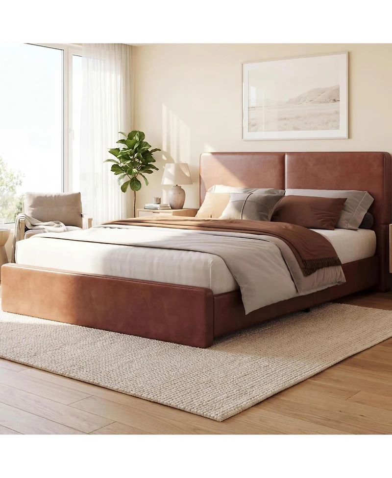 homfan Modern Corduroy Upholstered Platform Bed with Textured Headboard, Silent Wooden Slats, Convenient Installation