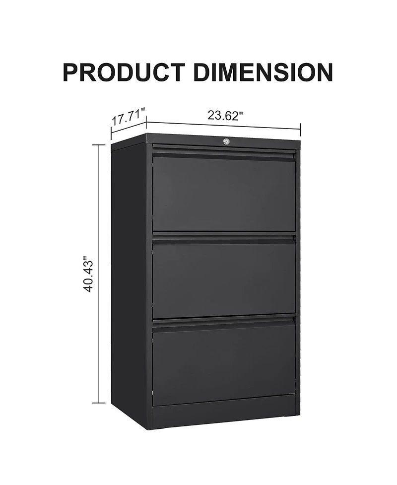 homfan Lateral File Cabinet with Lock 3-Drawer Steel Filing Cabinet for Home Office - Legal/Letter/A4/F4 Files
