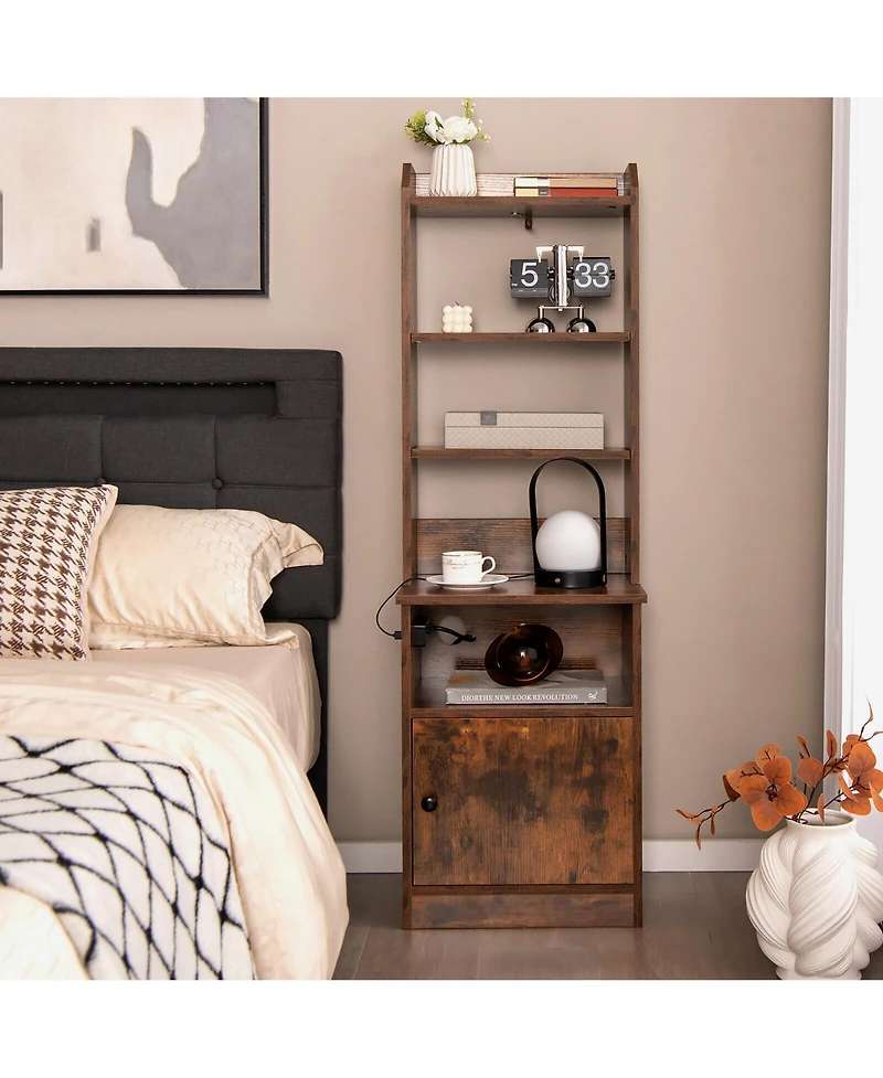 Gymax Nightstand Bedside End Side Table Bookshelf with Charging Station