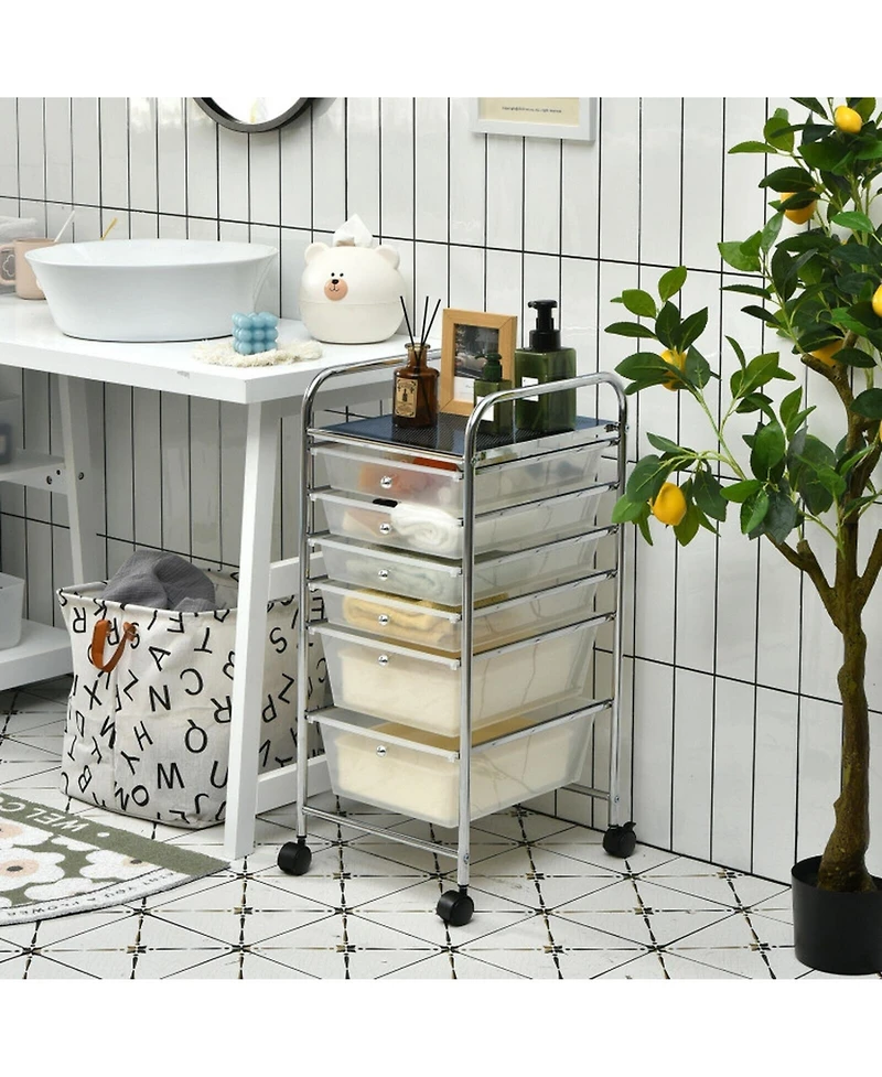 Gouun 6-Drawer Rolling Storage Cart Organizer Clear Drawers Casters