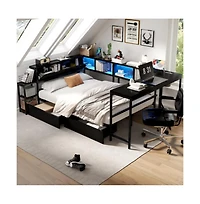Lucky One Full Size Corner Bed Frame with Bookcase, 2 Under-Bed Drawers, Led Lights, Charging Station, Left or Right Assembly