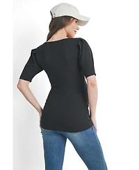 Hello Miz Women's Ribbed Puff Sleeve Square Neck Top