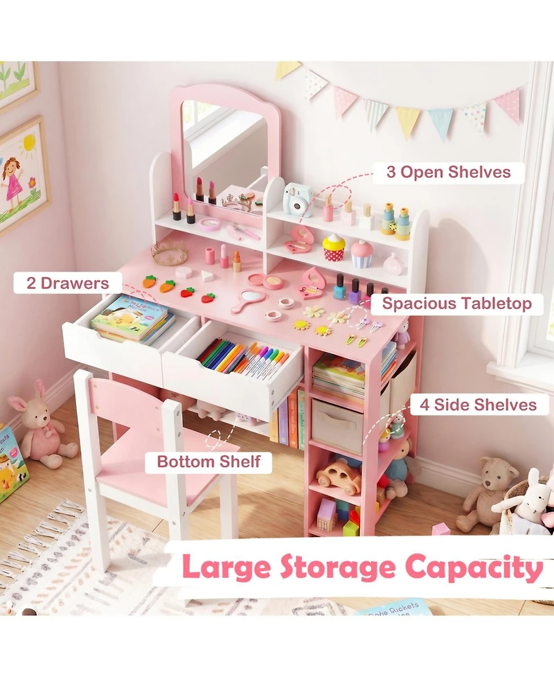 Slickblue Kids Vanity Set with Chair and Mirror Storage Shelves and Drawers
