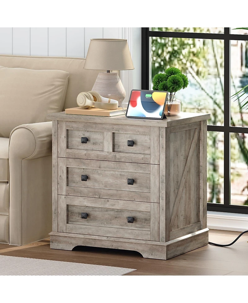 Slickblue Farmhouse 3-Drawer Nightstand with Charging Station for Bedroom