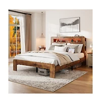 Lucky One King Size Wood Platform Bed Frame with Storage Led Headboard, Usb Charging, Wood Slats, No Box Spring Needed