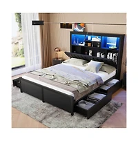 Lucky One King Size Bed Frame with High Storage Headboard, Led Lights, Usb Charging Station, 4 Drawers, All-Metal Support, 1200lbs