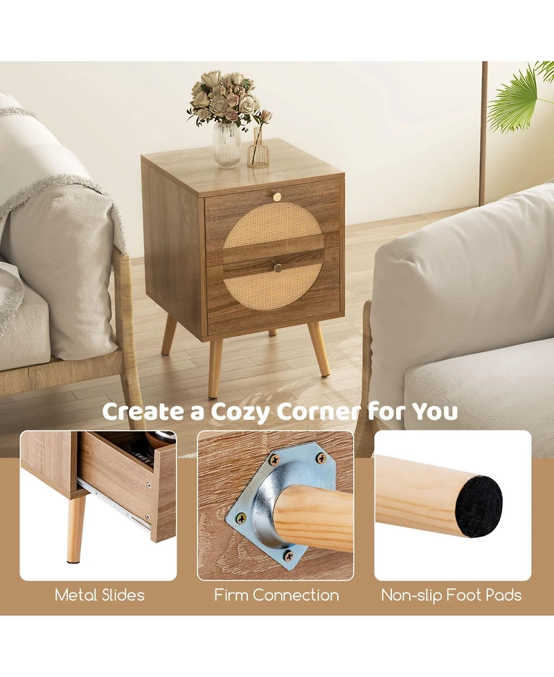 Slickblue Modern Rattan Bedside Tables Set of 2 with 2 Drawers and Wood Legs