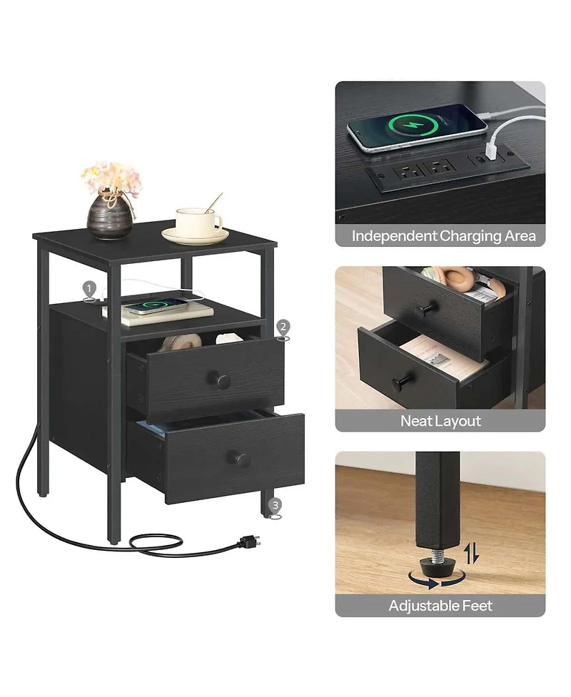 Slickblue 2-Piece 24-Inch Nightstands with Iron Frame, Drawers and Outlets