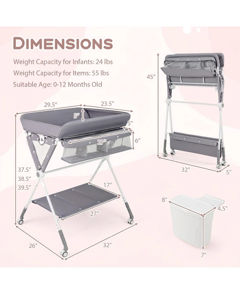 Gouun Baby Portable Foldable Diaper Changing Station with 3-Level Adjustable Height