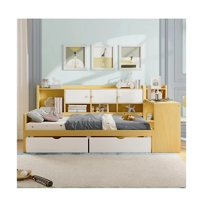 Lucky One Twin Size Wooden L-Shape Daybed with 7 Storage Cabinets, 2 Drawers, Study Desk, Bookshelf, No Box Spring Needed