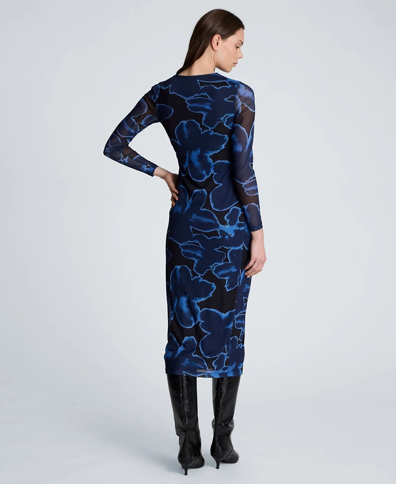 Kenneth Cole Women's Knot-Front Printed Mesh Midi Dress