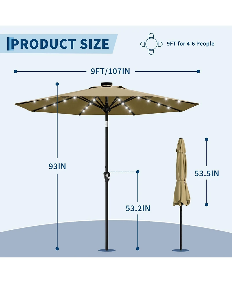 homfan 9Feet Solar Led Patio Umbrella, Outdoor Market Umbrella With 8 Durable Ribs, 30degree(s) Dual Tilt & Easy Crank, Perfect For Garden, Balcony