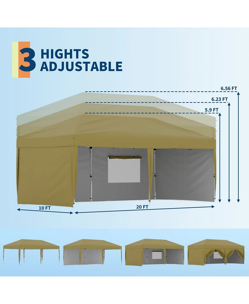 homfan 10x20 Pop Up Canopy Tent With 4 Sidewalls, One-Button Setup, Adjustable Height, Roller Bag