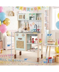 Gymax Kids Play Kitchen Wooden Pretend Kitchen Playset with Rattan Doors Wood Legs