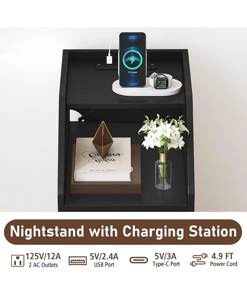 Slickblue End Table with Charging Station, Sofa Side Drawers and Storage Shelf
